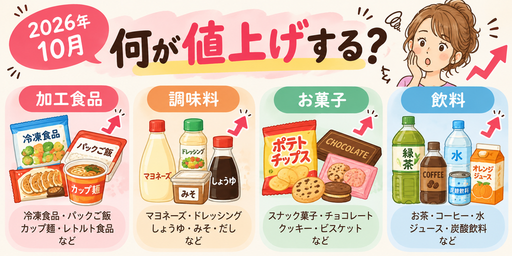 2026年10月に値上げ予定の加工食品・調味料・お菓子・飲料を紹介するイラスト