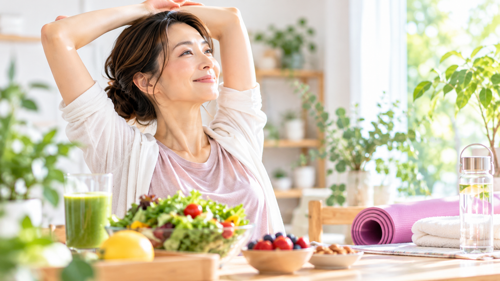 40代・50代・アラフォー・アラフィフ女性の健康をイメージした、ストレッチと食生活を意識する女性の写真