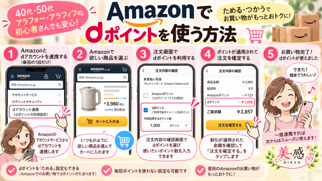 dポイント、貯まってるけど使い方がわからない!40代・50代のための超入門 Amazon(アマゾン)でdアカウントを連携しdポイントを使って買い物する手順を、40代・50代・アラフォー・アラフィフ初心者向けに解説したイラスト