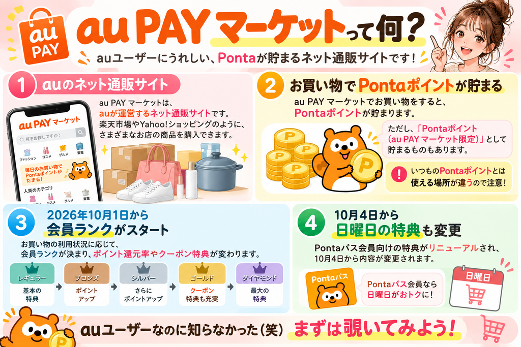 au PAY マーケットでPontaポイントが貯まる仕組みと、2026年10月から始まる会員ランクやPontaパス特典の変更を紹介した図解