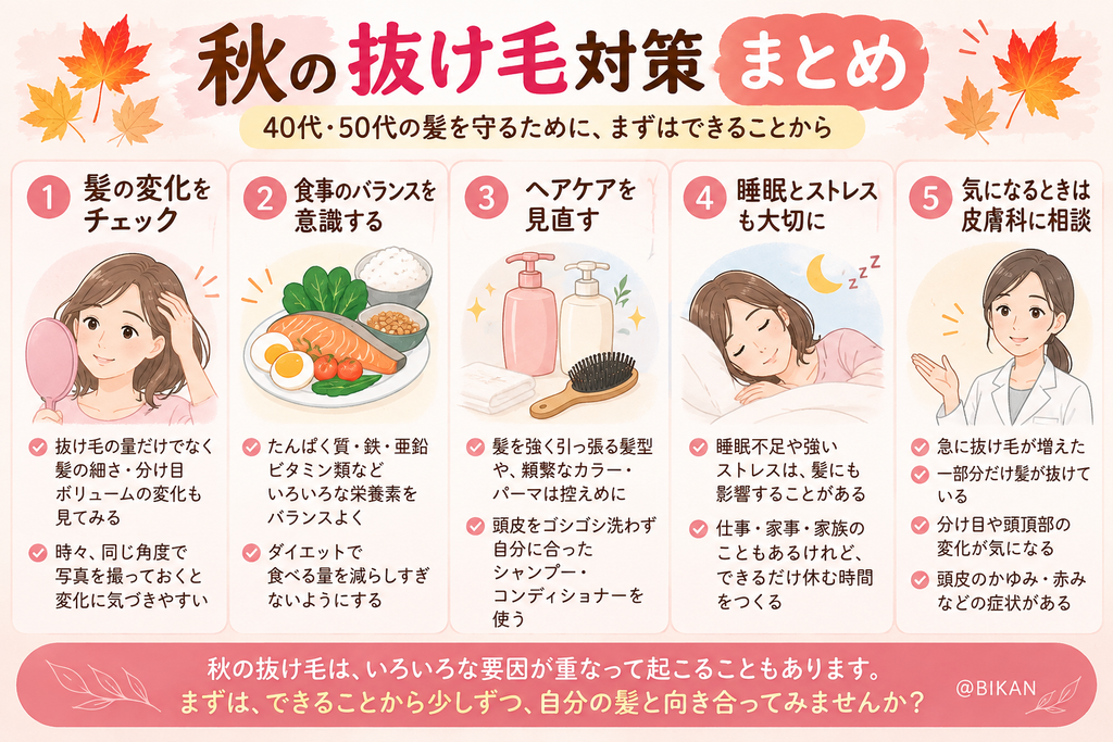 秋に抜け毛が増えた?40代・50代女性が知っておきたい原因と対策 秋の抜け毛が気になる40代・50代・アラフォー・アラフィフ女性向けに、髪の変化・食事・ヘアケア・睡眠・皮膚科への相談をまとめたイラスト