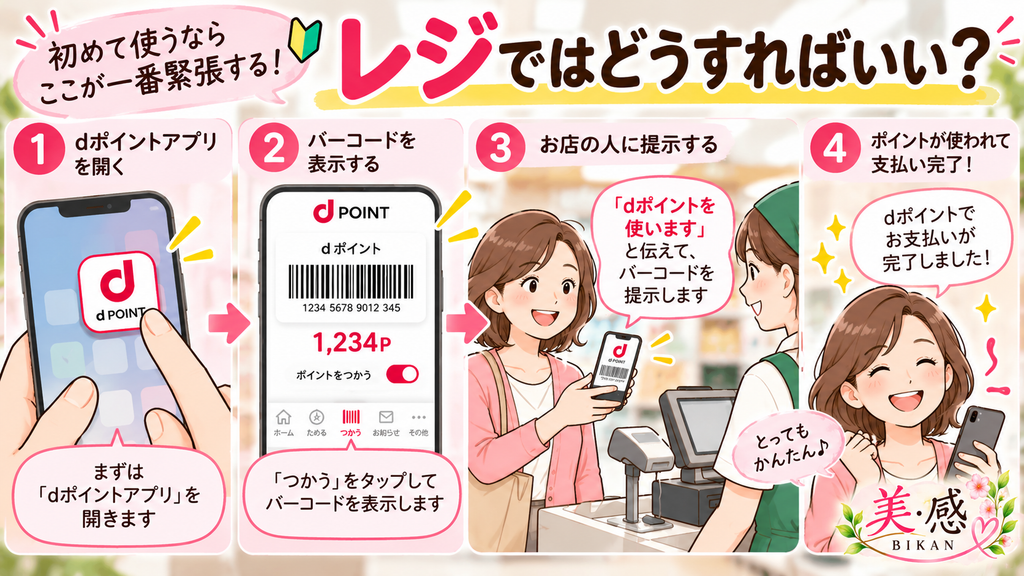 dポイント、貯まってるけど使い方がわからない!40代・50代のための超入門 40代、50代、恥ずかしいけど、dポイントアプリを開いてバーコードを表示し、レジで店員に提示するまでの使い方を4ステップで説明したイラスト