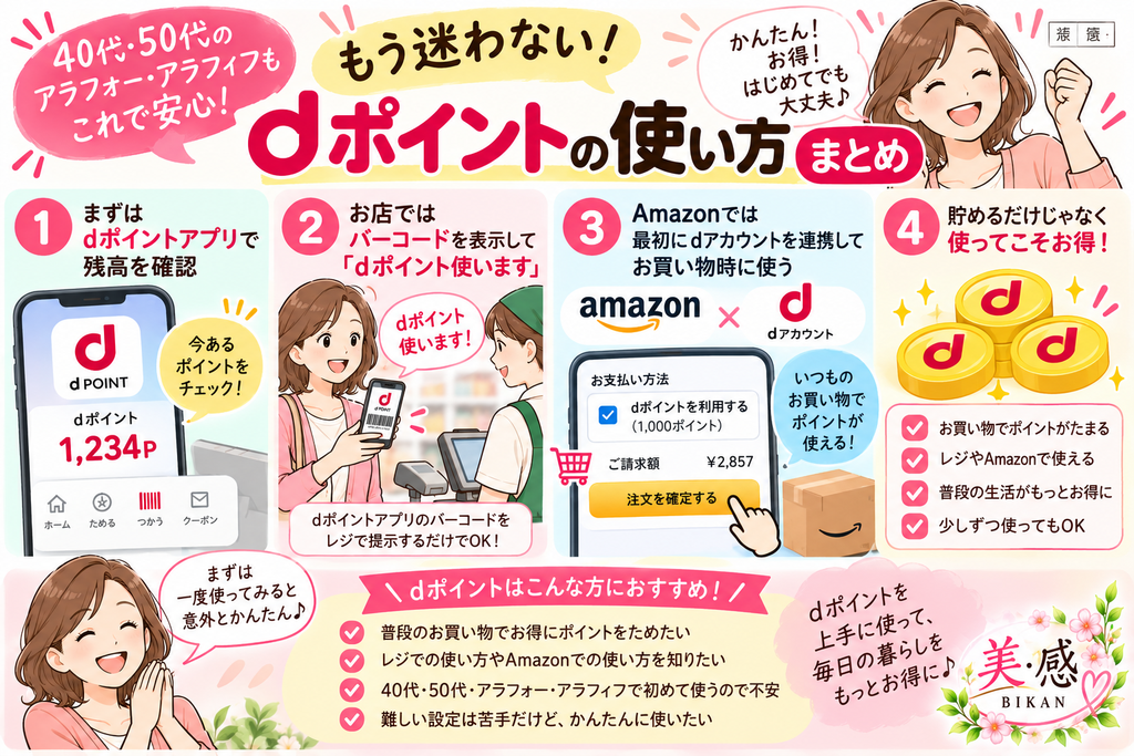 dポイント、貯まってるけど使い方がわからない!40代・50代のための超入門 dポイントの残高確認、レジでの使い方、Amazonでの利用方法を40代・50代・アラフォー・アラフィフ初心者向けにまとめたイラスト