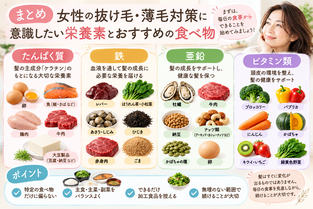 40代・50代・アラフォー・アラフィフ女性の抜け毛や薄毛が気になるときに意識したい食べ物と栄養素をまとめた画像