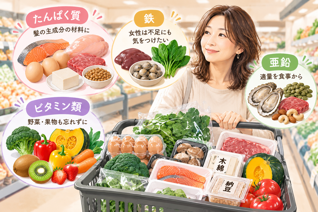 40代・50代・アラフォー・アラフィフ女性がスーパーで選びやすい、たんぱく質・鉄・亜鉛・ビタミン類を含む食べ物のイラスト