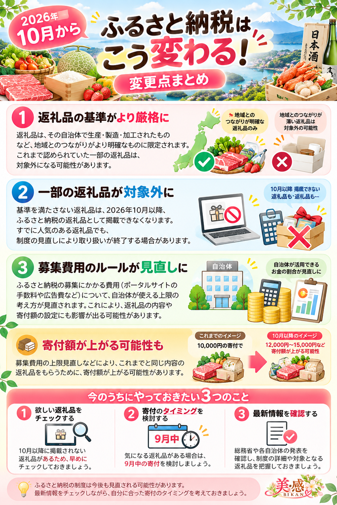 2026年10月からのふるさと納税改正について、返礼品の基準や寄付額などの変更点をわかりやすくまとめた40代・50代向け図解
