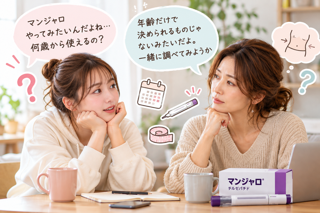 マンジャロは何歳から使えるのか、ダイエット目的の使用について話し合う親子のイメージ。40代・50代、アラフォー・アラフィフの親世代が子どもと副作用やリスクを確認する様子。