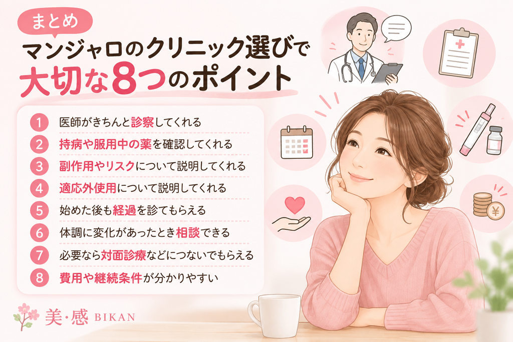マンジャロのクリニック選びで確認したい8つのポイントをまとめたイラスト。40代・50代、アラフォー・アラフィフがダイエット治療を検討する際の診察、副作用の説明、治療後のフォローや相談体制などを紹介。