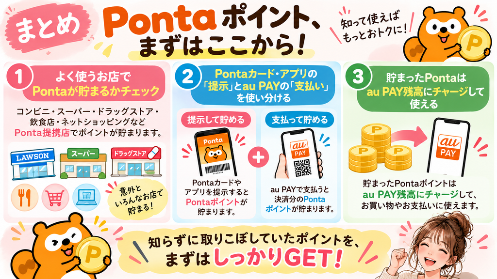 Pontaポイントが貯まるお店の確認、Pontaカードやアプリの提示、au PAYでの支払い、貯まったポイントをau PAY残高にチャージする方法をまとめた図解