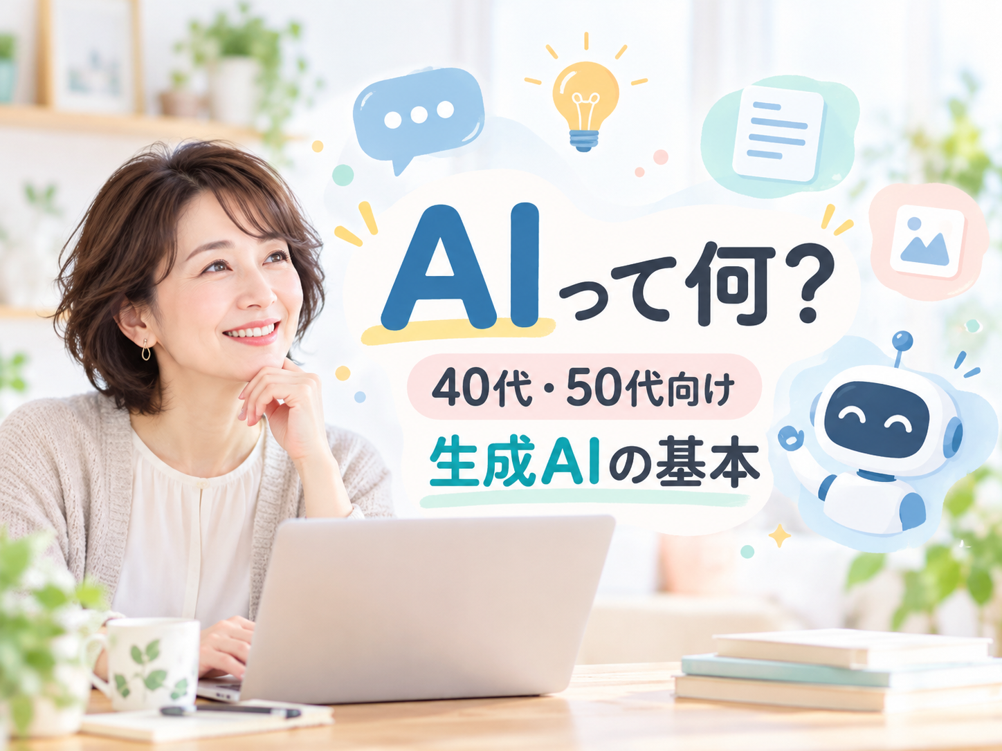 AIとは何かを40代・50代向けにやさしく解説するアイキャッチ画像。パソコンを見る女性と、吹き出し・電球・ロボットなどのイラストを使って、生成AIの基本を表現
