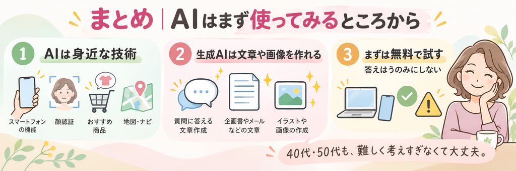 AIは身近な技術で、生成AIは文章や画像を作れること、40代・50代の初心者は無料で試しながら使い方を覚えていけばよいことを3つのポイントでまとめたイラスト