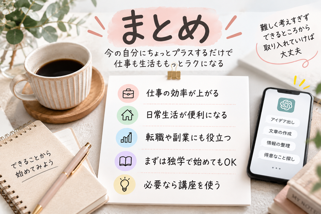 40代・50代向けに、AIを仕事や日常生活、転職・副業で活用するポイントと、独学や講座の使い分けをまとめました