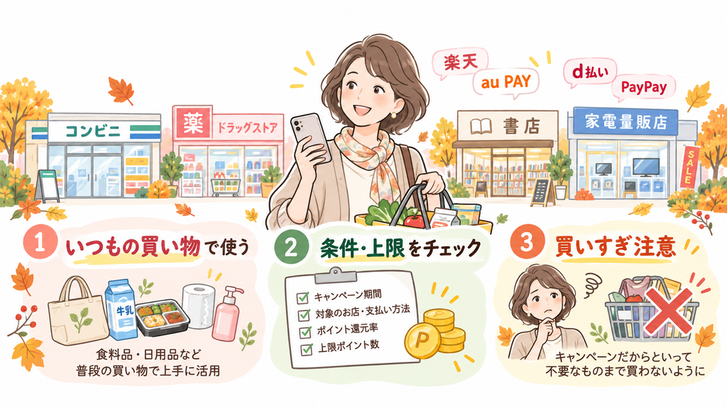 2026年10月のキャッシュレスキャンペーン活用法をまとめたイラスト。いつもの買い物で使う、条件や上限をチェックする、買いすぎに注意するという3つのポイントを、40代・50代女性向けにやさしく図解した画像