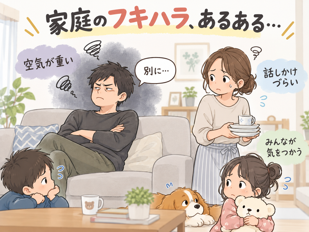 旦那の不機嫌でリビングの空気が重くなり、家族が気をつかっている様子を描いた家庭のフキハライラスト