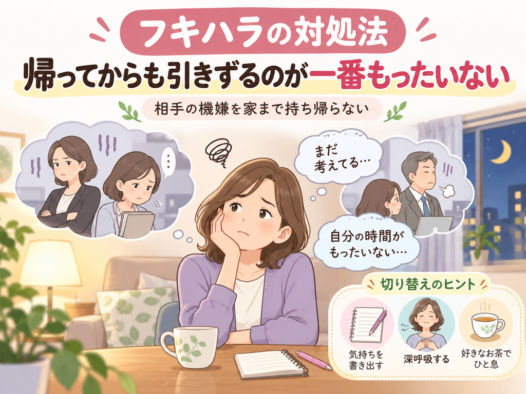 職場のフキハラを帰宅後まで引きずって考え込む40代・50代女性と、気持ちを書き出す・深呼吸する・お茶で休むなどの切り替え方を描いたイラスト。