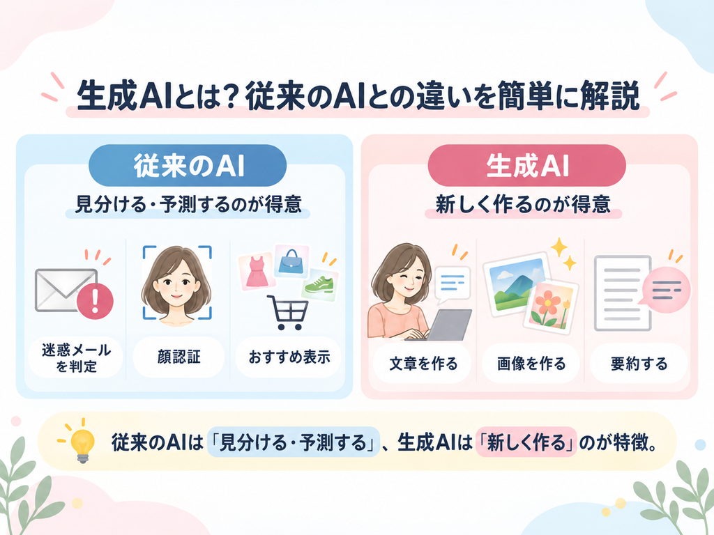 生成AIと従来のAIの違いを比較した図解。従来のAIは見分ける・予測するのが得意で、生成AIは文章や画像を新しく作るのが得意であることを40代・50代向けにわかりやすく示している