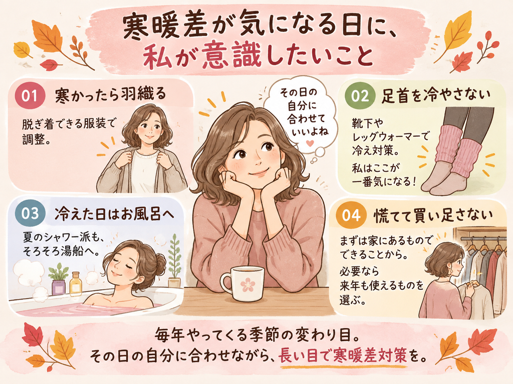40代・50代、アラフォー・アラフィフ世代の寒暖差対策まとめ。羽織る服装、足首の冷え対策、お風呂、買い足す前に家にあるものを活用する4つの工夫を紹介したイラスト