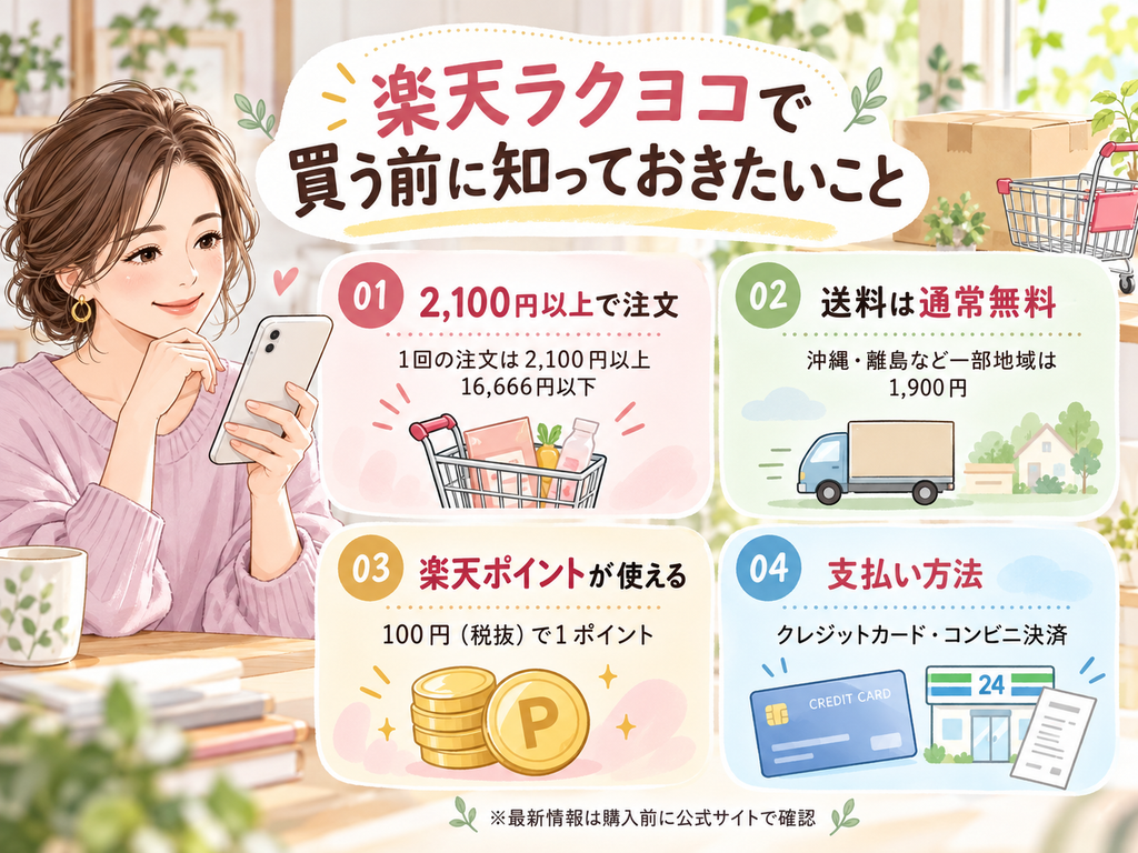 楽天ラクヨコで買う前に知っておきたいポイントをまとめた図解。2,100円以上で注文、通常送料無料、一部地域は送料あり、楽天ポイントが使えること、支払い方法はクレジットカードとコンビニ決済であることをイラスト付きで紹介