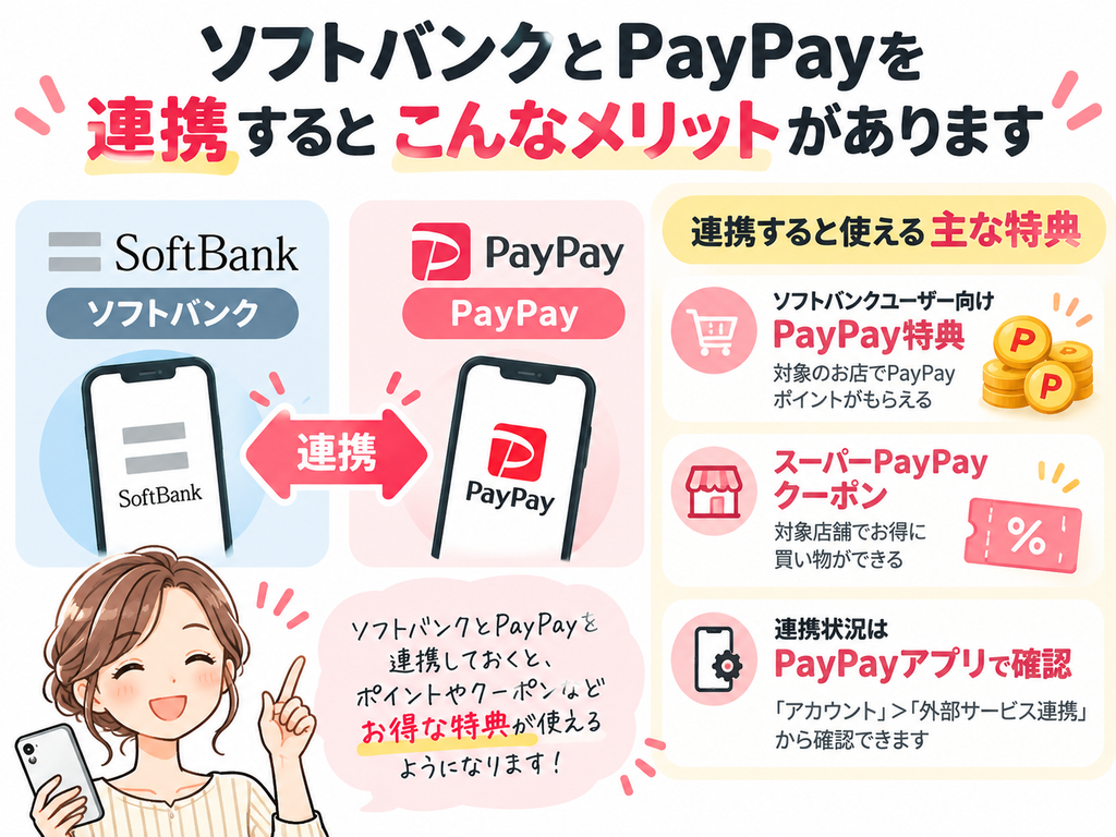 ソフトバンクとPayPayは連携するとお得?ポイントの違いやメリットを調べてみた ソフトバンクとPayPayを連携すると使えるPayPay特典やスーパーPayPayクーポン、連携状況の確認方法をまとめたイラスト