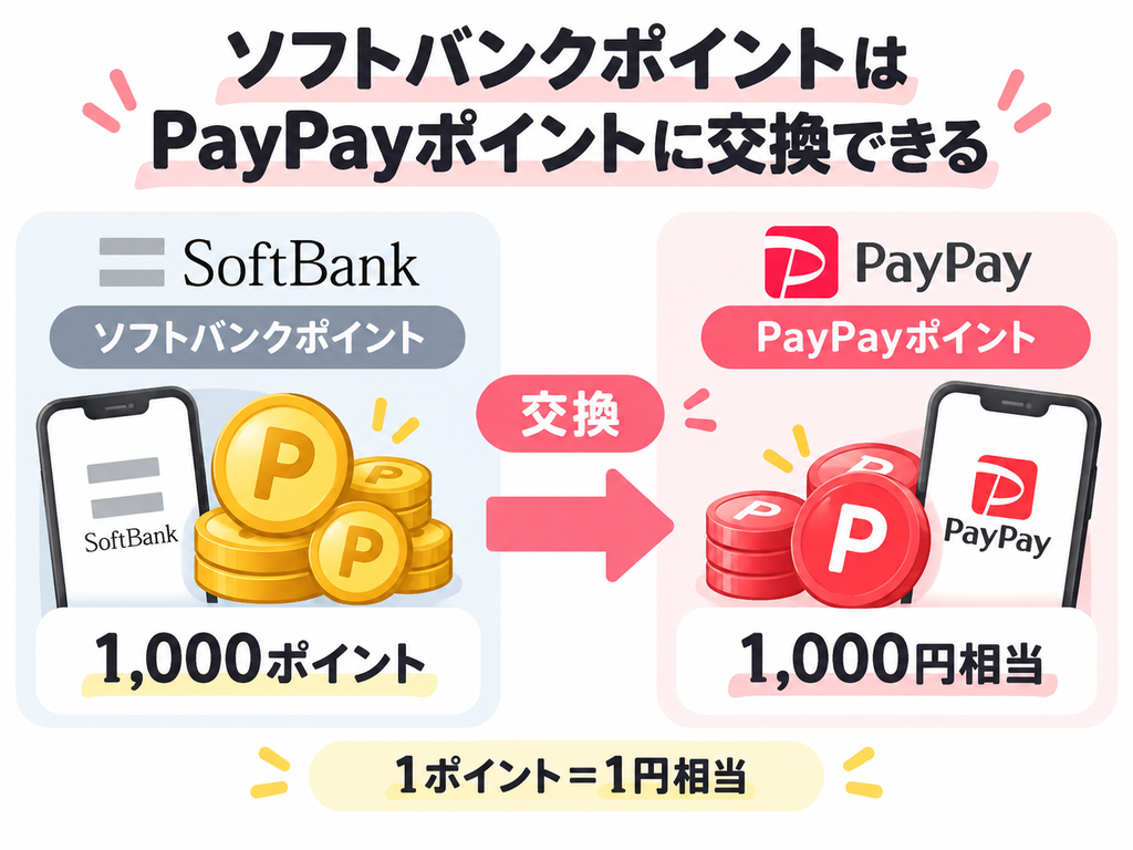 ソフトバンクとPayPayは連携するとお得?ポイントの違いやメリットを調べてみた ソフトバンクポイント1,000ポイントをPayPayポイント1,000円相当に交換できる仕組みを示したイラスト