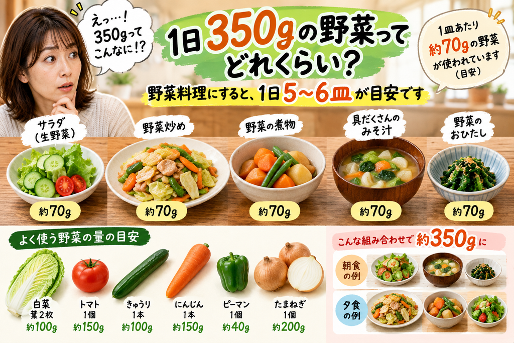 野菜が高い！野菜不足を補う1日350gの野菜の目安を、約70gの野菜料理5皿と身近な野菜の量でわかりやすく示した40代・50代向けのイメージ