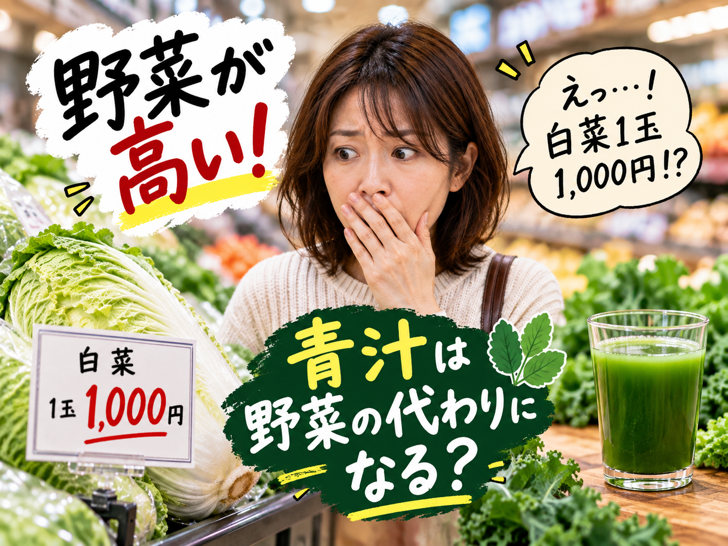 野菜が高い時期の白菜1玉1,000円と青汁を見て驚く40代・50代女性のイメージ。野菜不足や青汁が野菜の代わりになるのかを考える記事のアイキャッチ画像。